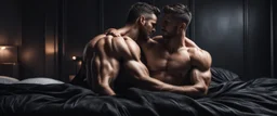 Hyper realistic shirtless muscular guys hug on bed with black silk blanket in dark bedroom