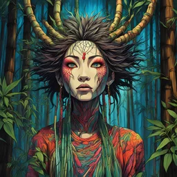 full color front facing portrait of a Yama Uba woman with highly detailed hair and slim, narrow facial features, in a haunted mountain bamboo forest, pierced by shafts of moonlight , danger lurks everywhere but she is undeterred and resolute in her purpose, art in the style of Alex Pardee, spirited away, studio ghibli, , 8k , finely detailed and precise line work, soft natural Spring colors