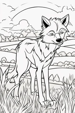 kids coloring page, wolf in a field, cartoon style, thick lines, very low detail, no shading