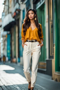 full body shot Young woman, 20 years old, wearing nice pant and top walk in street,looking to camera