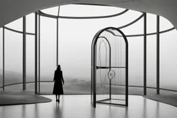 a surreal open glass gate in a glass wall with a view of a desolate landscape, fog, monochrome, strong contrasts, by artist "Leonora Carrington",by artist "Zaha Hadid""