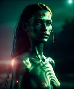 Ultra realistic photographic night portrait, cinematic, naked, long hair <sexy woman> <hanging wires> many wires coming out of the head <perfect pupil> <cyborg> <garage> <wide angle Shot> <sci-fi futuristic> <thriller>, fog, soft color, highly detailed, unreal engine 5, ray tracing, RTX, lumen lighting, ultra detail, volumetric lighting, high definition.