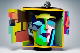 man with head inside a tv box in the style of Eileen Agar