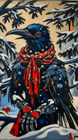 A painting by Miyazaki and Matisse of a human-like crow adorned in a punk leather jacket within a snowy Christmas atmosphere.