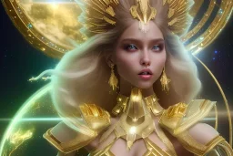  beautiful cosmic woman with gold color skin, long hair, nice smiling, magic glamour make up, delicate colors, beautiful glamour galactique dress, ultra sharp focus, 8k, unreal engine 5, extremely sharp detail, light effect, soft light atmosphere of a spaceship, smooth, full of details, face in front, complete vision of face and hair and body