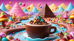 Generate an image of a whimsical scene set in CandyLand: a giant coffee mug floats down a river made of rich, flowing chocolate. The river is surrounded by vibrant, colorful landscapes featuring towering pyramids made of chocolate balls, with bright candies scattered along the banks. In the background, candy mountains rise high, with gumdrop hills and lollipop trees dotting the scenery. The river leads towards an enormous castle-factory, entirely made of candy, with candy cane towers, jellybean