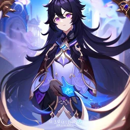 Clear focus,High resolution,Beatiful Lighting, black long fluffy hair, long fluffy bangs, purple eyes, custom genshin oc, must be wearing a short skirt, genshin impact name card