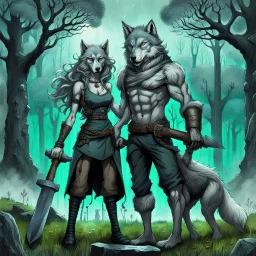 an anthropomorphic wolf-man hybrid in dark gray body hair and anthropomorphic wolf-female hybrid with pale gray body hair carrying a blacksmith's anvil in a blue-green meadow, in the background trees with huge trunks rainy day, high contrast, high detail, atmospheric, dark fantasy, sci-fi atmosphere