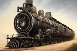 Train in the desert painted by HR Giger