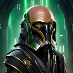 star wars bald male corellian jedi pilot wearing gunmetal grey and black old republic armored robes with gold trim inside the jedi temple holding a lightsaber with viridian green blade in left hand, centered head and shoulders portrait, hyperdetailed, dynamic lighting, hyperdetailed background, 8k resolution, volumetric lighting, light skin, fully symmetric details