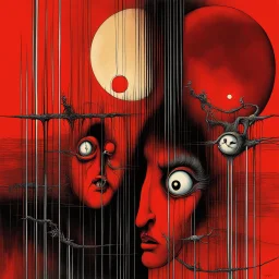 by Gerald Scarfe and Alexander Jansson, oddball daydream, fear is all you know, eclipses were made to be broken, phobia, abstract surrealism, moody, sinister, profound, dramatic, high resolution, creepy, pen and ink illustration, horror, by Dan Marurin