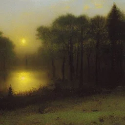 George Inness, painting, pine trees, swamp, hills, photo realistic, 8k, sunrise