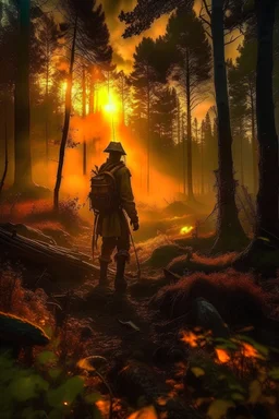 The young adventurer emerging from the forest at dawn, carrying the remnants of the fire and radiating a newfound sense of courage,4k,hdr