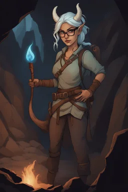 A Dnd character with a long tail and small horns in a dark cave. A blueish female Tiefling archeologist with white skin, white hair wearing glasses, in brown adventurer's clothes. Cunning, beautiful, cool.