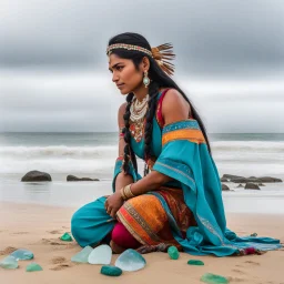 a native Indian in her traditional outfit is on the shore, poised on hands and knees, the overcast sky in the background, she is looking for sea glass in the sand, on her side, a pitch is already filled with some