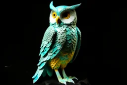 A turquoise ice elemental owl designed in Chinese paper art painted by Georges Seurat