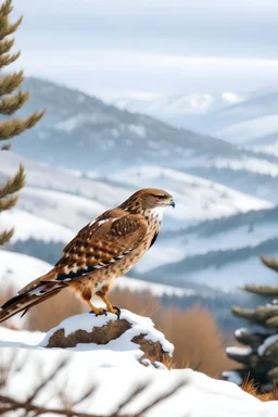Un halcón en las montañas nevadas