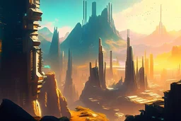 cyberpunk city, sunny day, valley, mountains, sci-fi, epic