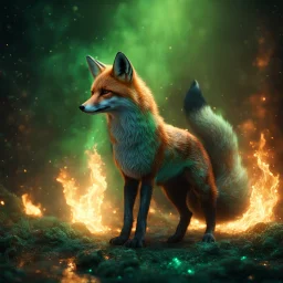 photorealistic final render of an epic full body of a fox in green fire, deep colors, glitter, 16k resolution photorealistic, masterpiece, breathtaking intricate details, realistic and lifelike cgi diorama, dramatic natural lighting, reflective catchlights, high quality CGI VFX fine art