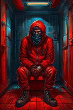 A scary gothic person sits quietly in the middle of a soundproof, padded room conveying intense dramatic emotions in a muted environment, wearing a bright red straitjacket , a mask to cover the mouth area of cannibal evil scary, dark and gothic look, cold eyes, eary ultra detailed,.32k, digital art style with messy paint, hardened sealer appearance, impasto, dramatic Arial view with explosive chaotic background