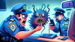 confused male cop dispatcher deals with evil virus hatching from the phone