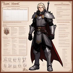 character concept sheet with AD&D statistics and characteristics, [wii No More Heroes style with thick lines] Elric of Melniboné
