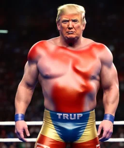 Realistic image of Donald trump wrestler, Mexican wrestling, glow makeup, red and blue breeches, suspenders, retro style, 80s, red, gold, vibrant color, highly detailed, clean background, concept art, unreal engine 5, god rays, ray tracing, RTX, lumen lighting, ultra detail, volumetric lighting, 3d, finely drawn, high definition, high resolution.