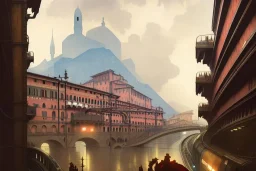 Train trains under bologna portici +riomaggiore+genoa street+turin+Italian medieval town+Italian city+alphonse mucha, greg rutkowski,matte painting, cryengine, hyper detailed, felix kelly, fantasy art, seb mckinnon