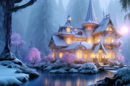 a magical crystal snow bleu gold house in the woods, sun,white swanns,pink vertical, blue lake,sharp, vines, candlelit, endor, ornate, elegant, highly detailed, artstation, concept art, smooth, sharp focus, illustration, 8k, splash art, wallpaper, key visual