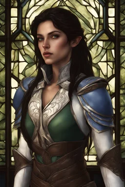 Realistic photography, female half elf, attractive, dark hair, long and subtle stylish layer hair style, front_view, intricate white leather armor, blue plating, detailed part, brown dark eyes, green garden background behind window, dawn