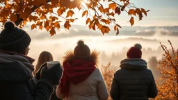 Autumn: falling leaves, Misty mornings, fog over distant fields or forests, sunshine; people wearing scarves, woolly hats, gloves, holding mugs of steaming hot drinks; chestnuts, acorns, berries, rowan, holly, mistletoe; birds migrating; squirrels gathering nuts; rabbits; beautiful colours, atmospheric. Award winning photograph.