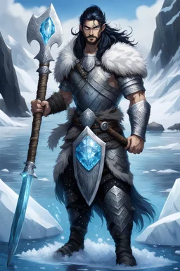 1 mana warrior, with blue eyes and black hair man in silver Viking armor with fur around the neck with blue crystal on his chest , standing in water in the artic, holding a ice axe, warrior in anime style,