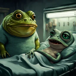 big fat large sad, yellow-green frog wearing a t-shirt, standing in an old, dilapidated room next to a bed. In the bed lies a pale gray, ancient and wrinkled lizard-medusa-frog mutant creature with two long tentacle arms, a large head, and big half-open black eyes with eyelashes. The blanket partially covers the creature. The frog gazes at the lizard creature, while the background is blurred, adding to the eerie atmosphere. The detailed, realistic rendering