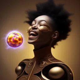 Octane render. 4K Oil painting. Fine art. Detailed. Fractal. Chakras. Sacred geometry. a brain exploding. kintsugi. Chaos. Portrait of a young black woman laughing. Screaming. Smiling. dark skin black woman .a mind exploding. limitless. .non linear reality . Laugh until you cry. Tears the colour of oil. joy rolling of her body. Tears of her eyes nose and mouth like a oil spill.