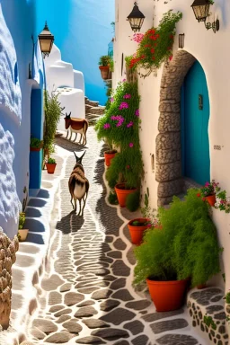 donkey walking towards on a path in Thira, Greece, baskets with vegetables on his back, cobblestone pavement, hyper realistic, detailed, accurate, beautifully ornamented houses, open aperture, style Isabel Kreitz