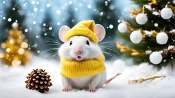 Microscopic image of kute mini white mouse with yellow Christmas hat and scarf with icicles snowballs and ribbons and pine cones and pine needles and gift christmas, blurred background yellow, falling snow, falling snowflakes, unbelievably beautiful. Tilt-shift. illustration, Super high Contrast, beautiful color coding, beautiful color grading,