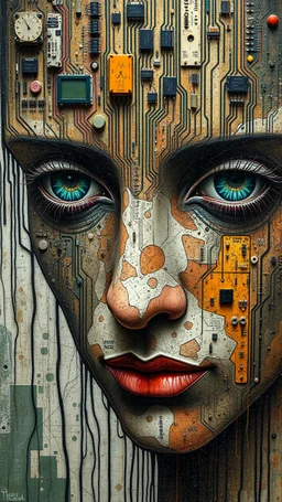Bosch style painting , A face in details . The texture of the face is a collage of many peace’s of electronic chips , transistors , wires and buttons parts