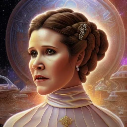 hyperspace background, complete and photo realistic detailed head to waist stunning photo realistic portrait of carrie fisher as Princess Leia in star wars with photo realistic updo hair by Mandy Jurgens and mucha and Richard Schmid and chuck close and chie yoshii, extraordinary and detailed ceremony dress of star wars,brown eyes