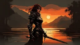 A formidable warrior girl in black armor, on the background Amazing gloomy landscape, flooded with sunset, mountains, trees, fabulous scary hero, , juicy emotions, painting, dark fantasy, gloomy day, dark world, portrait, by Leonid Afremov & Benedick Bana & Atelier Olschinsky & Brian Kesinger