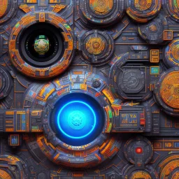 futuristic pinhole camera in Kente, rusted clocks lens, cinematic, scaffolding, african pattern symbols, engraved, cinema 4d, 3d render, corona renderer, 8k quality