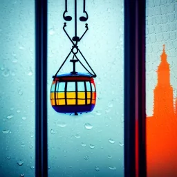 an architectural model of a colorful glass gondola in a bell jar, caustic reflections, frosted glass, glossy from rain, rayonnant style, bokeh, dramatic lighting