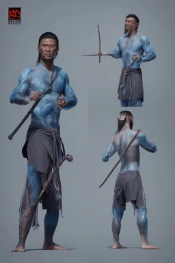 A young male water genasi with deep blue skin color, water shape dred hair on head. Shaolin monk with long stick weapon, kung fu master, martial art