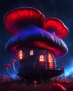 An illogical floating mushroom house on a clear moonless night. . Bright Bold Bright Colors, blue red white, Starry Dark cosmic interstellar. Detailed Matte Painting, deep color, fantastical, intricate detail, splash screen, hyperdetailed, insane depth, concept art, 8k resolution, trending on Artstation, Unreal Engine 5, color depth, backlit, splash art, dramatic, High Quality Whimsical Fun Imaginative Bubbly, perfect composition