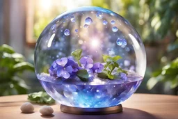 crystal ball munltifaceted prism well defined shining light blu with plants violets well definted shining magical landscape with light shining drops