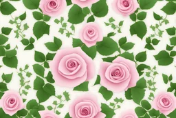cartoon style style pink roses with green leaves and ivy with small white flowers as a symmetric pattern