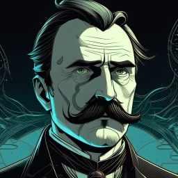 Futuristic, cyberpunk implants, Friedrich Nietzsche, Friedrich Nietzsche mustache, Comic style