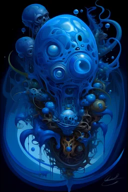 Mutated Guild Navigator suspended in a tank filled with spice gas, heads and extremities elongating, Te Eyes Darkblue in blue, Alexandro Jodorowsy Art,Juan Gimenez Art,Sci-Fic Art,NijiExpress 3D v2,Kinetic Art,Datanoshing,Oil painting,Ink v3,eyes blue in blue,Abstract Tech,CyberTech Elements,Deco Influence,Air Brush style