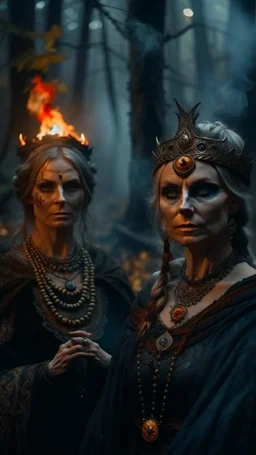 close up portrait of merciless medieval high priestess countess and her creepy sister in big eyed trance, fire ball portal, full moon, swirly mist,autumn wind, arcane invocation ritual of smoke demon with immense power in luminous stone altar ruins in dark forest grove, shot on Hasselblad h6d-400c, zeiss prime lens, bokeh like f/0.8, tilt-shift lens 8k, high detail, smooth render, down-light, unreal engine, prize winning