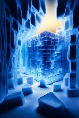 brilliant ice cube, depth of field, backlit, in bright lit ice wall labyrinth