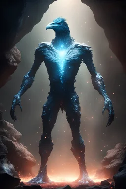 large rocky skinned with glowing crystals coming out of it like humanoid bird standing on its two feet like a human in a cave like environment,hd,hypercritical